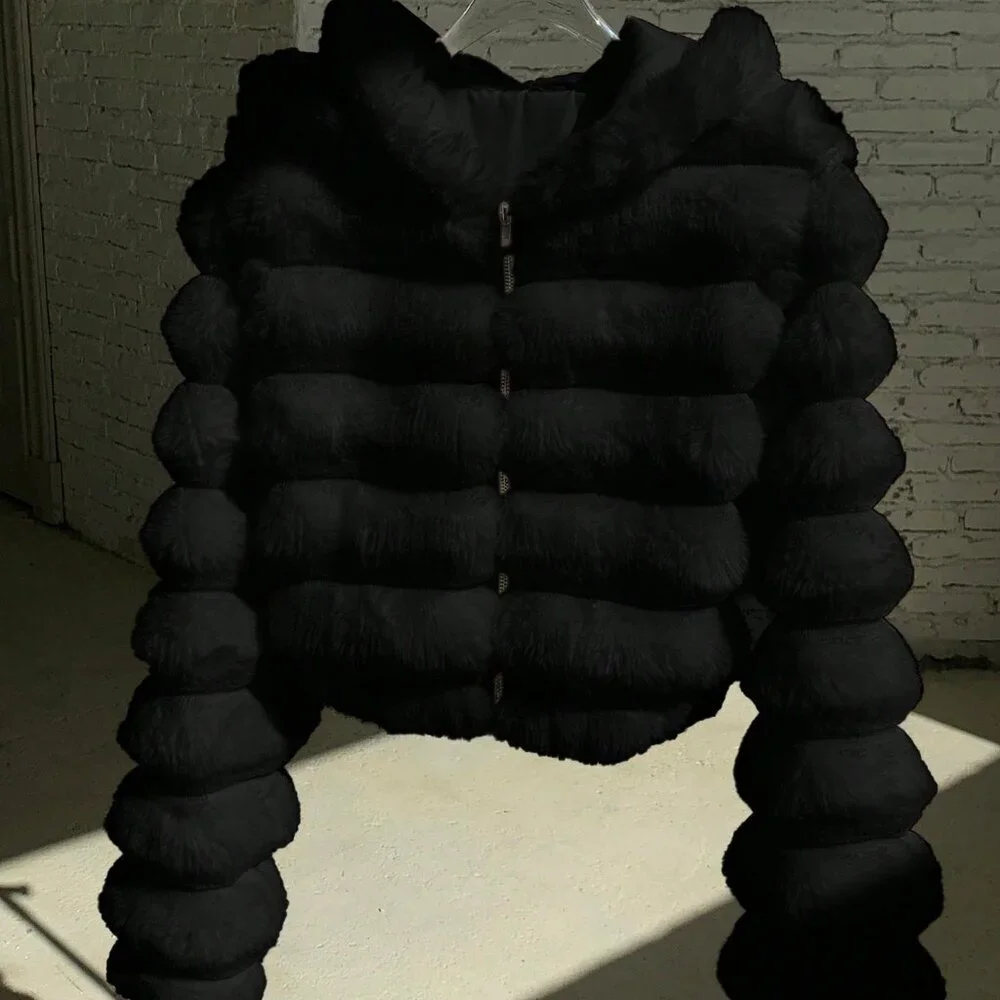 Black Casual Women's Fluffy faux fur Hooded Cropped Jacket - Picture 6 of 7